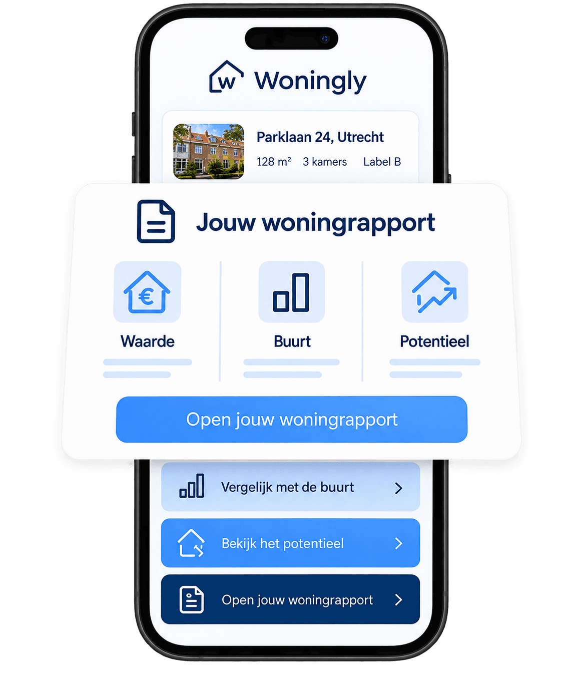 Voorbeeld van een Woningly woningrapport op een smartphone: waarde, buurtvergelijking en potentieel van een woning.